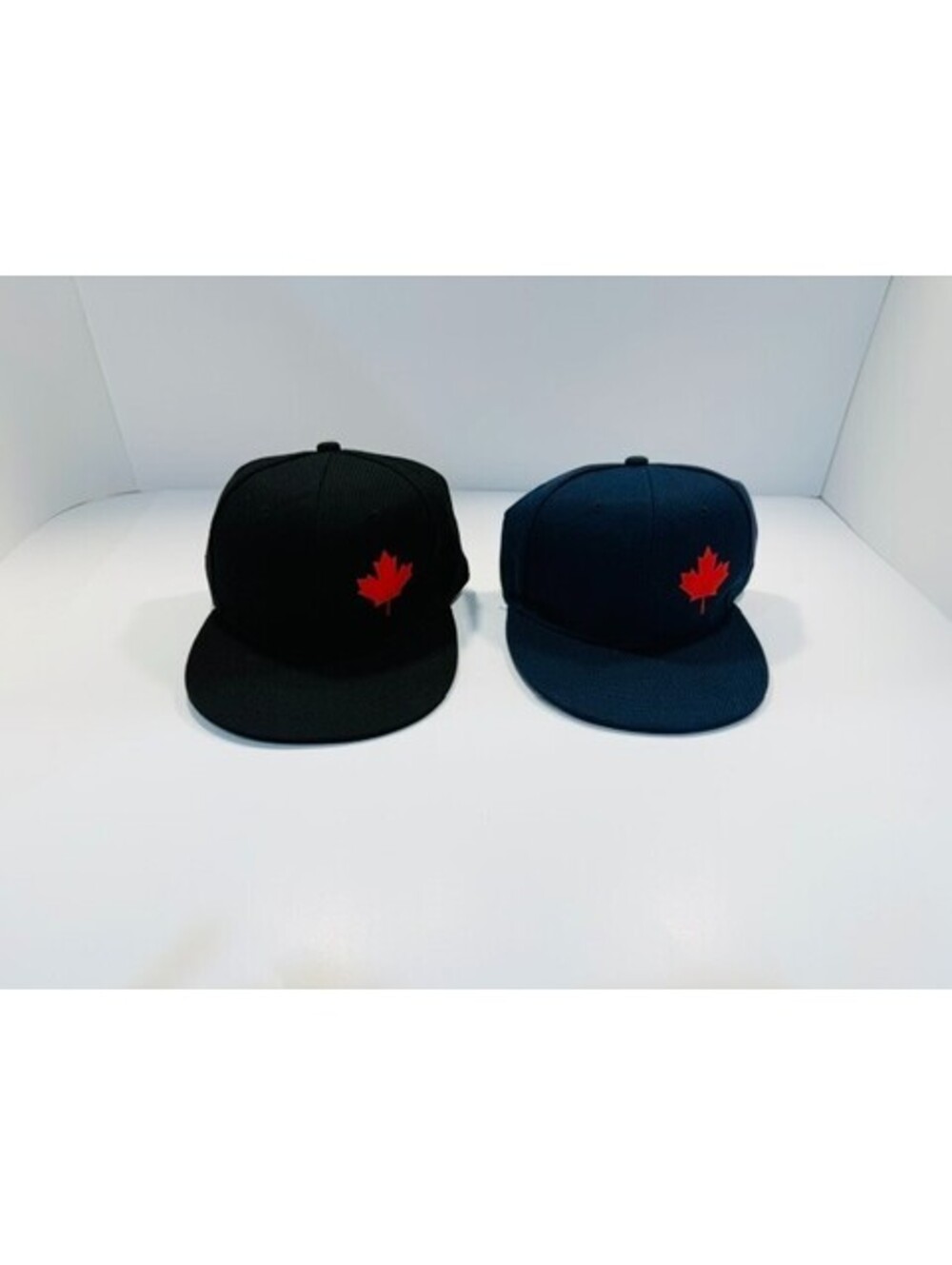 Lot of 2 Canada Maple Leaf Snapback Hats Flat Brim Caps Black Navy Blue Unworn